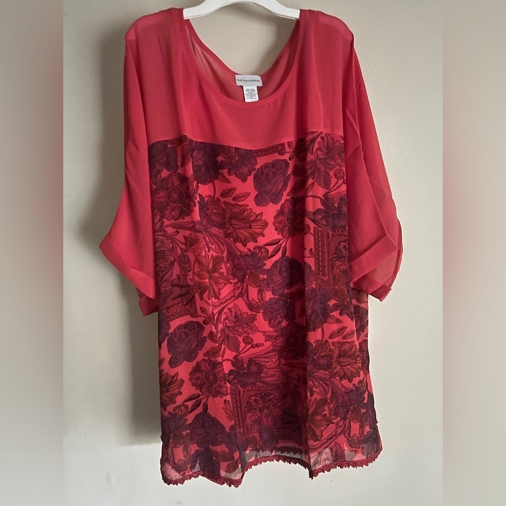 New Soft Surroundings Women’s Sheer Red Poppy Printed Top and Tank 2X
